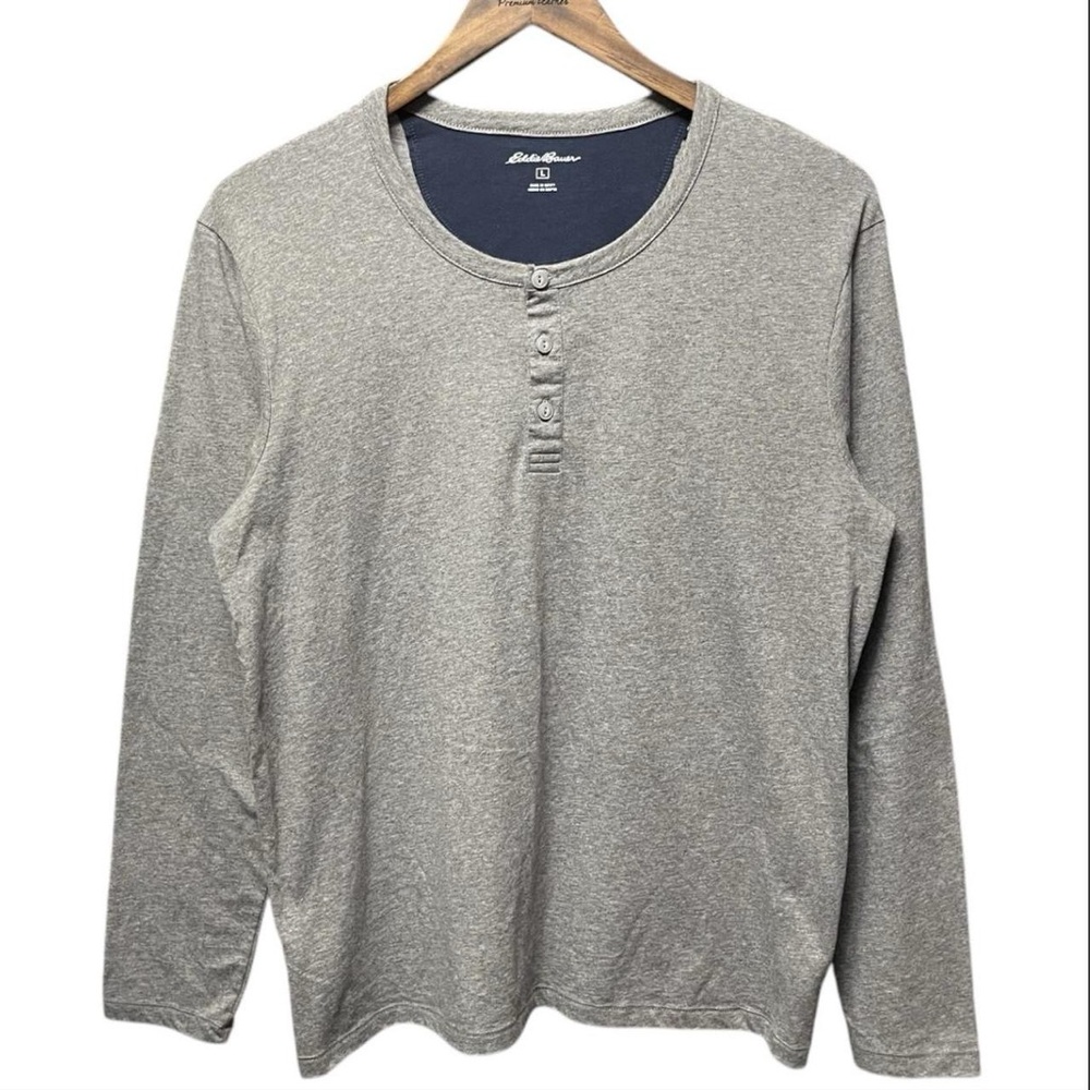 plain blank gray Eddie Bauer long sleeve three button Henley fall winter shirt